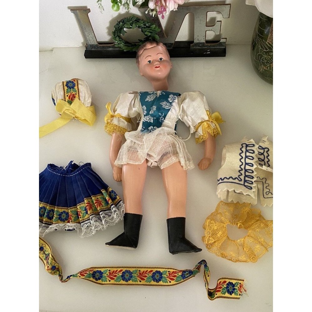 Vintage German Doll Project Strung Hand Painted Clothes Accessories in Parts EUC
